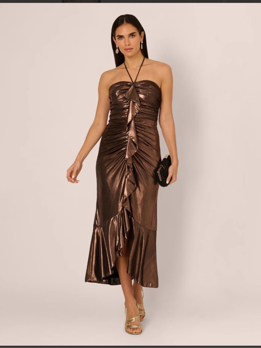 Adrianna Papell Metallic Bronze Strapless Ruffle-Front Midi Dress